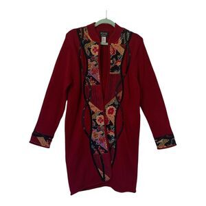 Koos of Course Cardigan Medium Silk Blend  Red Appliqued Mandarin Collar Artsy